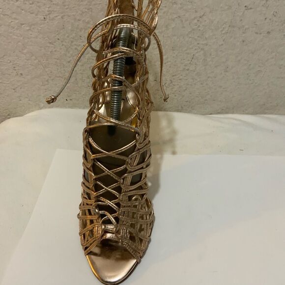 Sophia Webster Delphine Leather Gold /Caged Tie Lace Up Booties Heels 39 - Picture 5 of 15